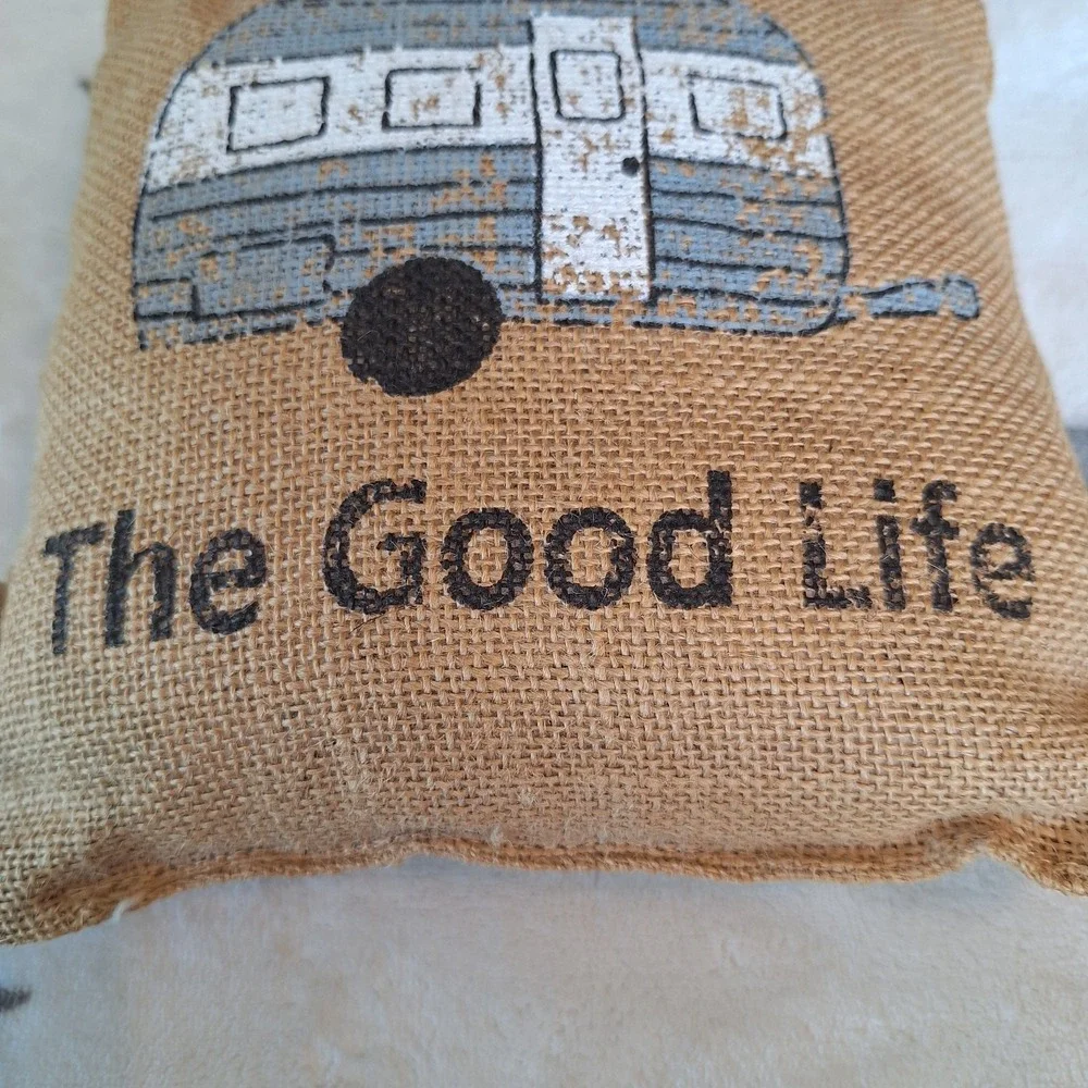 The Good Life Camper Jute Burlap Throw Pillow Travel Cabin RV Made In India
